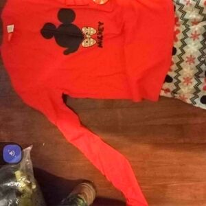 Small adult Mickey mouse red top fuzzy bottoms pajamas